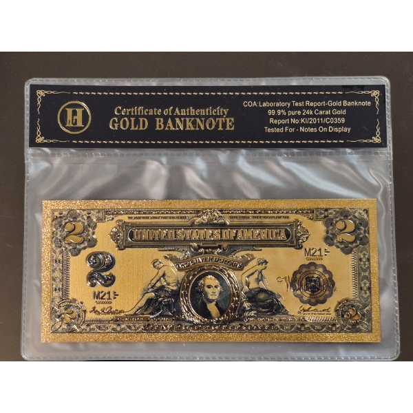 U. S. Historic 1899 Large Note Pure 24k .999 Gold Foil $2 George Washington "Mini Porthole" Replica