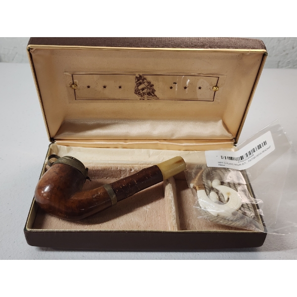 Vintage Ship Design Trinket Box With Wooden Tobacco Pipe and Fishhook Necklace