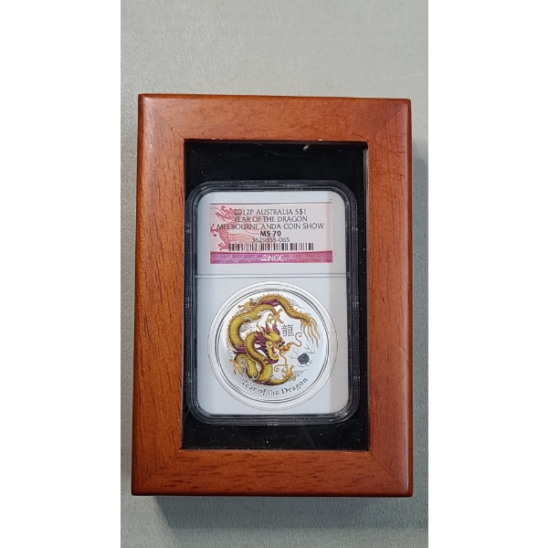 NGC 2012-P MS 70 Australia "Year of the Dragon" Colorized 1 Troy Ounce .999 Fine Silver Coin