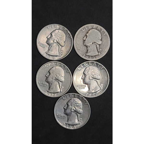 Assorted Years/Mint Marks 90% Silver Washington Quarters - Face Value: $1.25