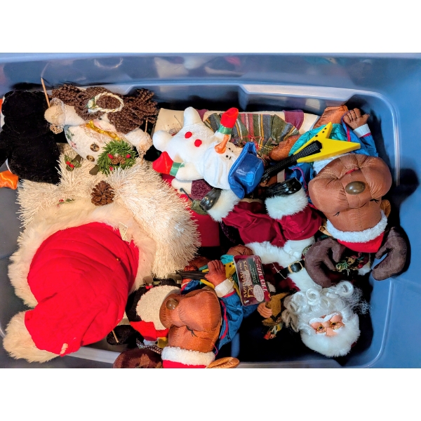 Fantastic Group Of 2 Totes Of Holiday Items, Including Plushies, Dancing Deer, Lampshade, 18" Deer D