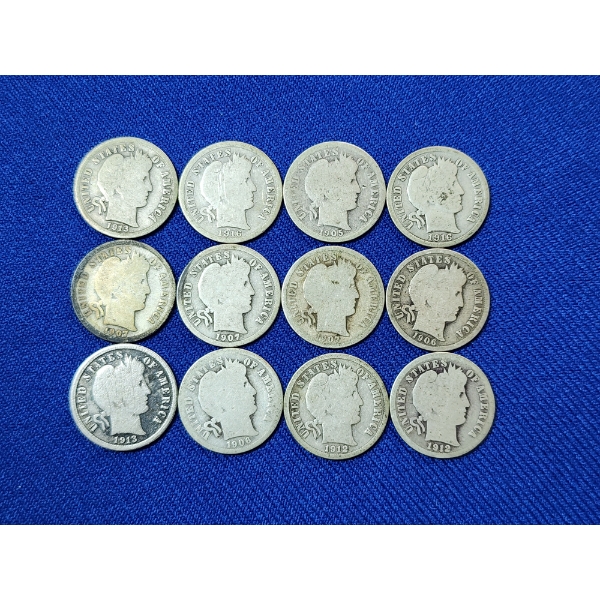 x12 Assorted Years 90% Silver Barber Dimes FV: $1.20