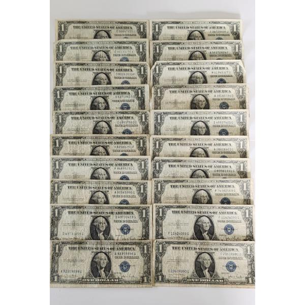 Lot of 20 United States Blue Seal $1 Silver Certificates - Face Value $20.00