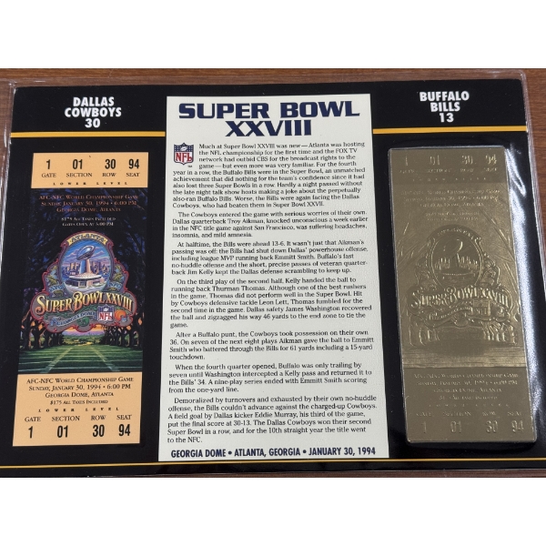 Authentic 1994 Super Bowl XXVII NFL Football Ticket & 24K Gold Plated Ticket - Mint Condition
