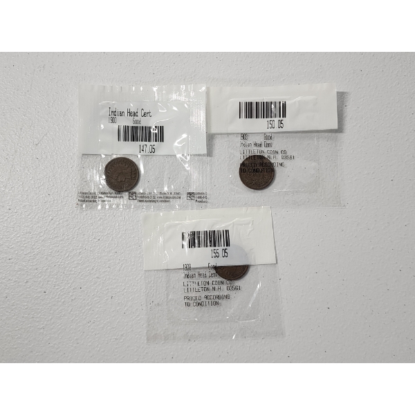3 - Indian Head Cents 1900, 1903, 1908 In Sealed Littleton Coin Co. Packages