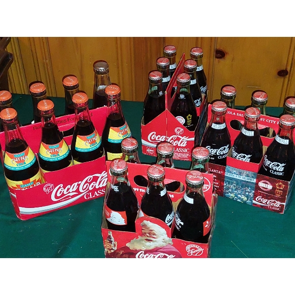 Group Lot - 3 Coca Cola 6 Packs  As shown With Full Bottles & 1 Coca Cola 8 Pack With Rare China Col