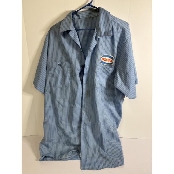Vintage Sohio Blue and White Pinstripe Work Shirt - Mid 20th Century - Areas of Staining and wear an