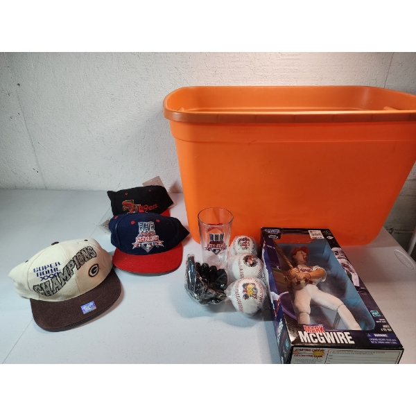 Sports Collectibles: Mark McGwire Figure, 3 Baseballs, Mini Glove, Glass, and Hats (Tote Included) 
