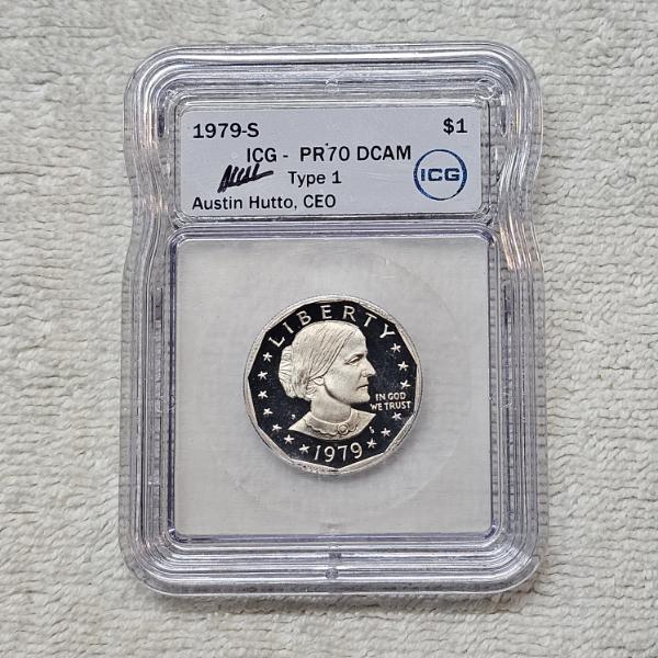 1979-S Susan B. Anthony Proof Dollar Type 1 ICG PR70 DCAM Signed By Austin Hutto CEO