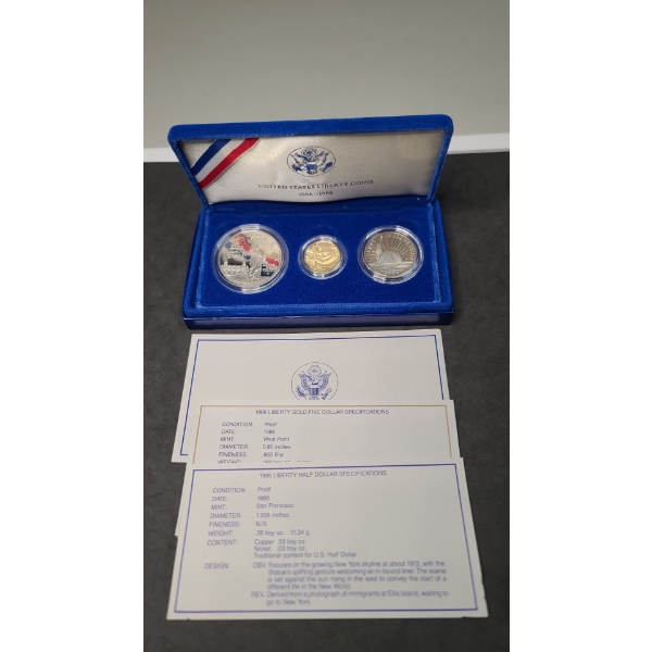 1886-1986 United States Liberty Proof Ellis Island 3 Coin Set With Silver And Gold