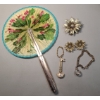 Image 1 : Assorted Costume Jewelry Including Mustard Seed Bracelet, Vintage Fan & More