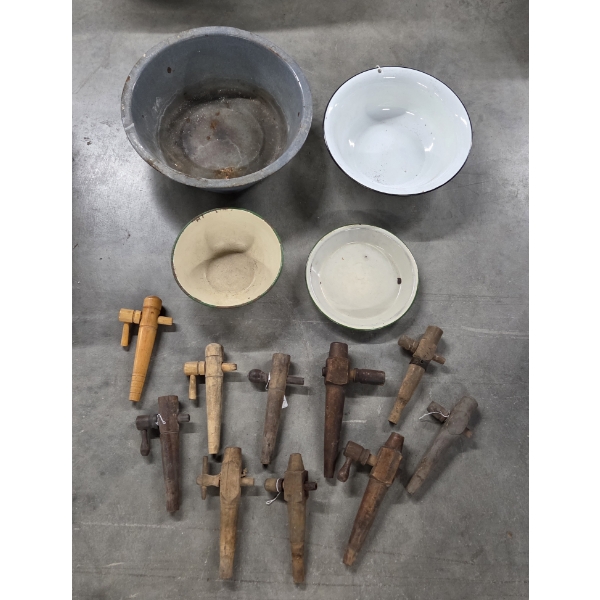 Vintage Collectables Including Enamelware Basins, Bowl & Plate And Wooden Tap Collection 