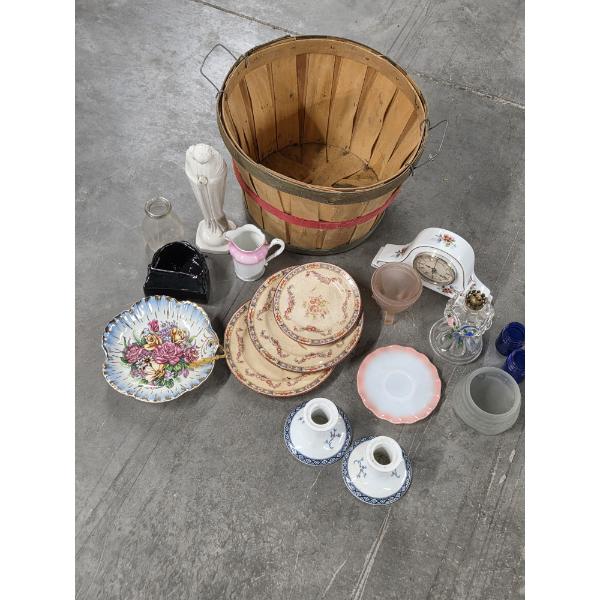Vintage Wooden Apple Basket And Glassware Collection Including  Clock, Plates, Statue & More