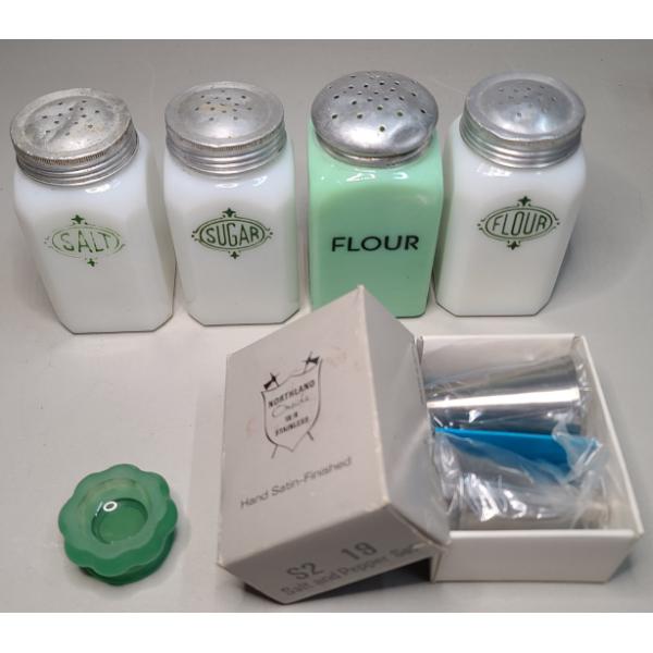 Vintage McKee Milk Glass/Uranium Jadeite Shakers, Oneida Salt/Pepper Shakers & More