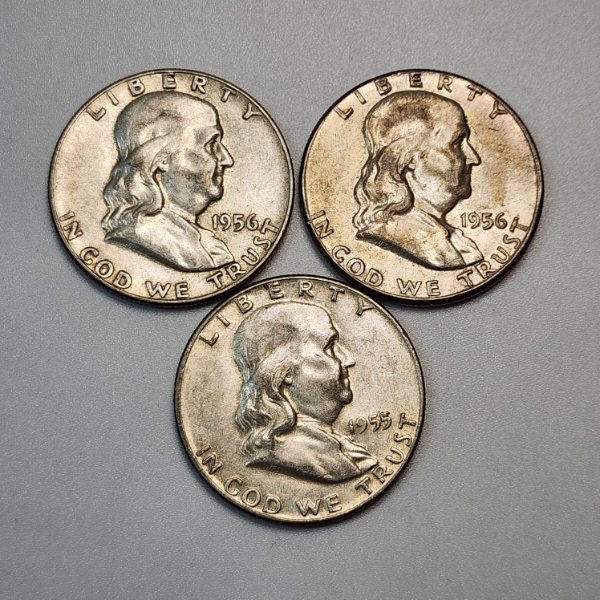 Three United States 90% Silver Franklin Half Dollars: 1956, 1956, 1955 - FV: $3.00