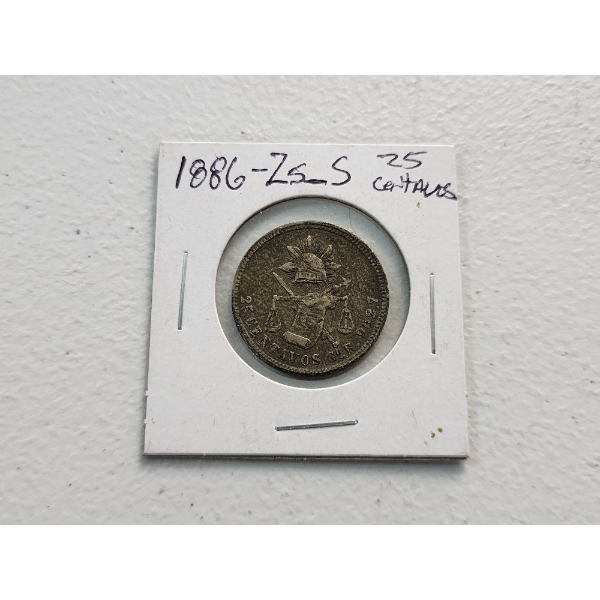 RARE 1886 Mexico Second Republic 25 Centavos ASW: 0.1964oz