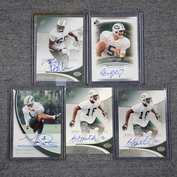 Five Assorted Upper Deck Autographed & NUMBERED New York Jets Football Trading Cards