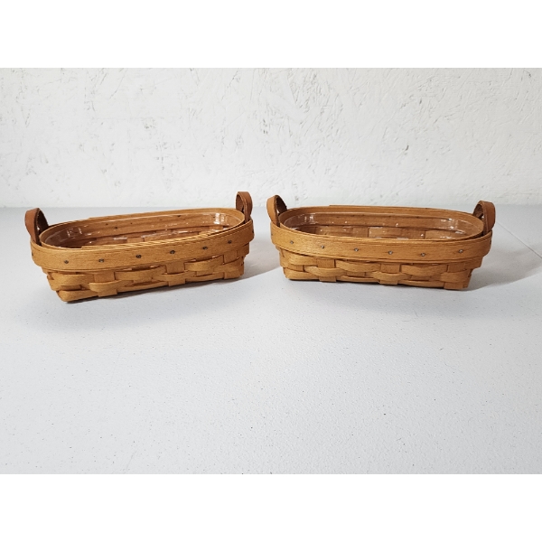 2 Longaberger Oval Baskets with Leather Handles and Plastic Liners - Excellent Condition