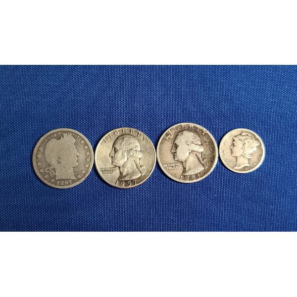 Assorted 90% Washington/Barber Quarters & Mercury Dime - Face Value: $0.85