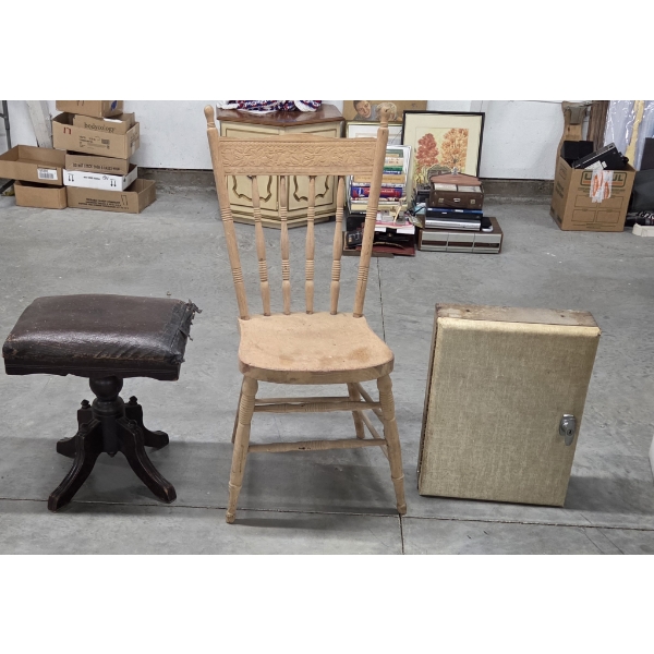 Vintage Wood Chair, Piano Seat, & Key Caddy Chest 