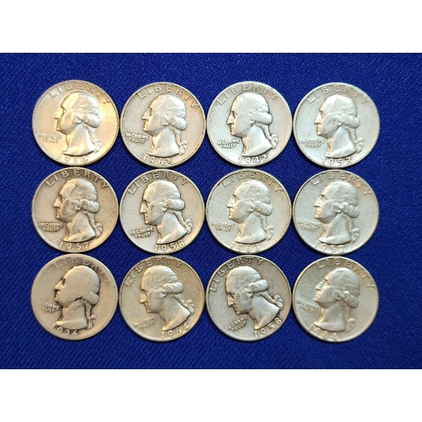 Assorted Years 90% Silver Washington Quarters - Face Value: $3.00