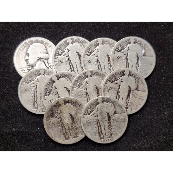 $2.50 Face Value in Assorted 90% Silver Quarters Including Standing Liberties & A Washington Head