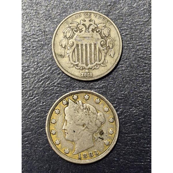 2 Pc Early Coin Set - 1868 5c Shield Nickel (5c) / 1883 V Nickel (5c) - See Pics