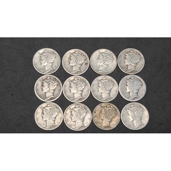 Assorted Years & Mint Marks 90% Silver Mercury Head Dimes - Face Value: $1.20