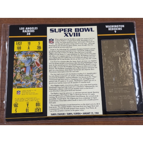 Authentic 1984 Super Bowl XVIII NFL Football Ticket & 24K Gold Plated Ticket - Mint Condition