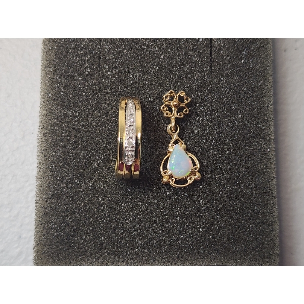 Two 10K Gold Earrings: Two-Tone J-Hoop & Vintage-Style with Opal TW: 2.0g