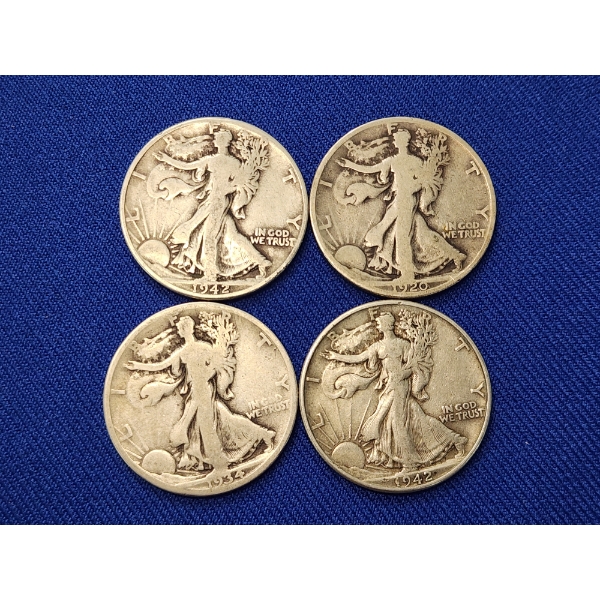 x4 90% Silver Walking Liberty Half Dollars: 1942, 1920, 1934, 1942 Face Value: $2.00