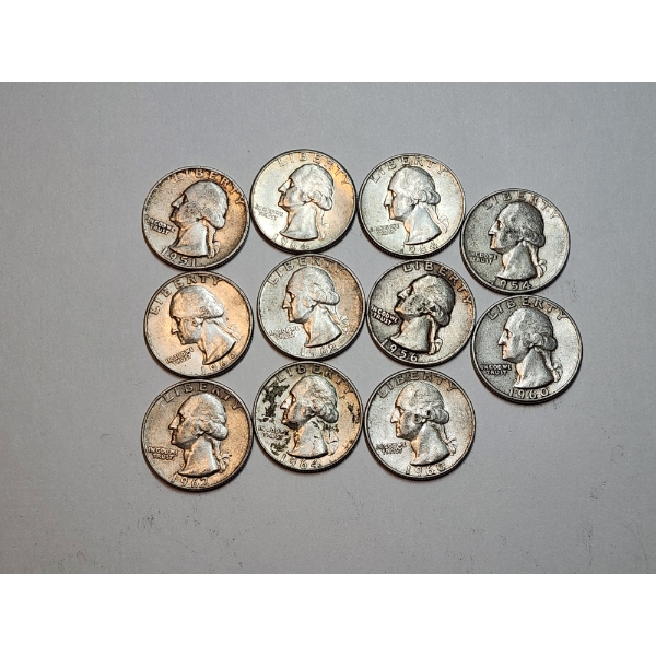 Lot of 11 Assorted Years Silver Quarters FV: $2.75