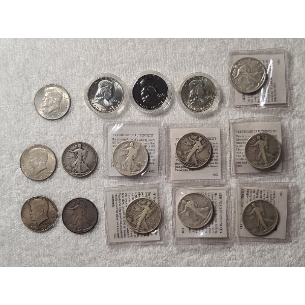 15 Assorted U.S. Silver Half Dollars $7.50 Face Value- Walking Liberties. Franklins & Kennedys