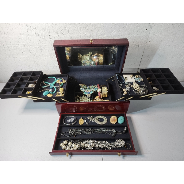 Large Cherry-Wood Jewelry Box with Contents: Statement Necklaces, Watches, Earrings, & More!