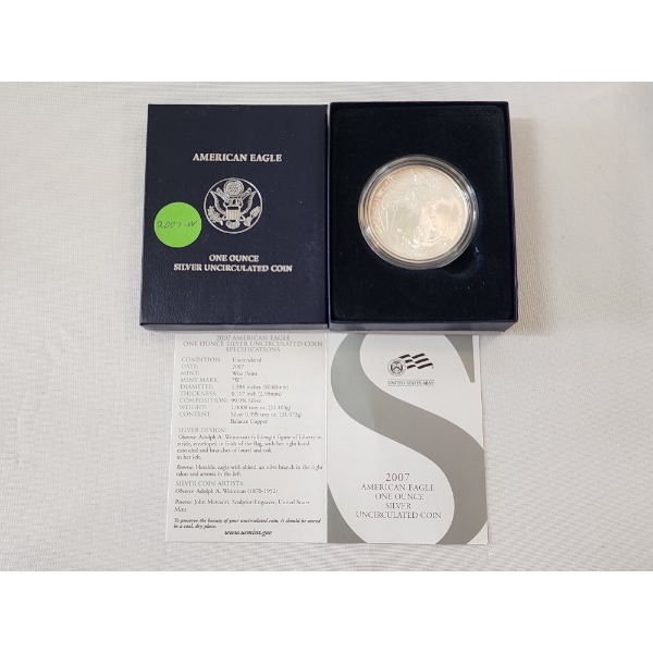 2007-W American Silver Eagle Uncirculated $1 Coin 1 oz .999 Fine Silver w/ OGP Box & COA