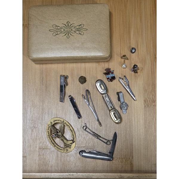 Excellent Condition Jewelry Keeper, Pocket Knife, And Vintage Tie Pins