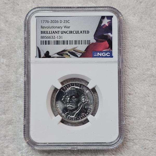 NGC Brilliant Uncirculated 1776-2026 D Revolutionary War Quarter
