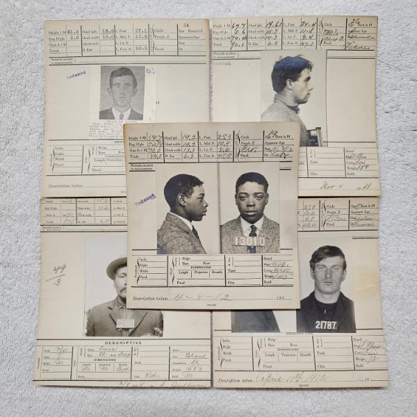 INTERESTING!!! Collection of 5 Antique MUGSHOT Bertillon Criminal Booking Sheets