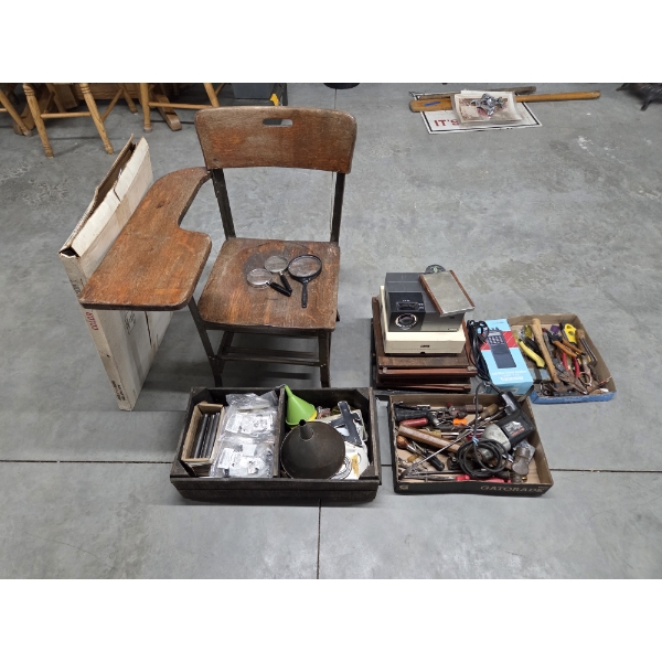 Vintage 22''x32'' Wood Student Desk, Cherry Finish Doors, Assorted Tools & Much More! - No Shipping!