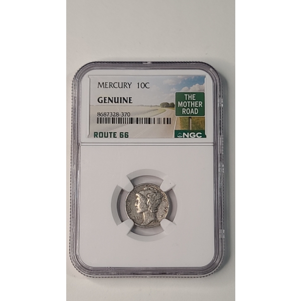 NGC Certified Genuine 1944 Mercury 90% Silver Dime In Route 66 "The Mother Road" Slab 
