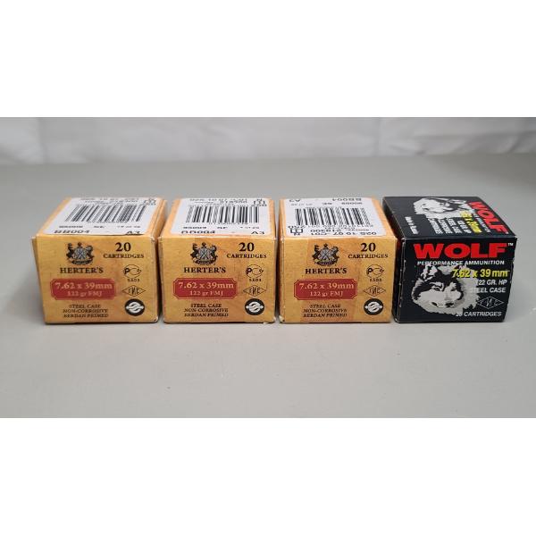(3) Boxes Of Herter's 7.62x39mm 122 GR Ammunition & (1) Box Of Wolf's 7.62x39mm 122 GR Ammunition