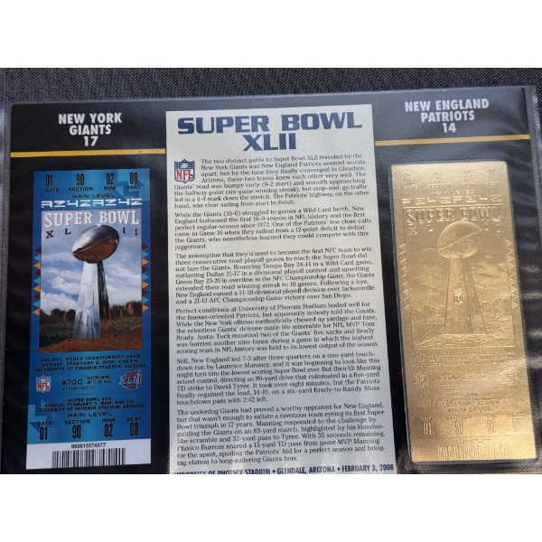 Authentic 2008 Super Bowl XLII NFL Football Ticket & 24K Gold Plated Ticket - Mint Condition
