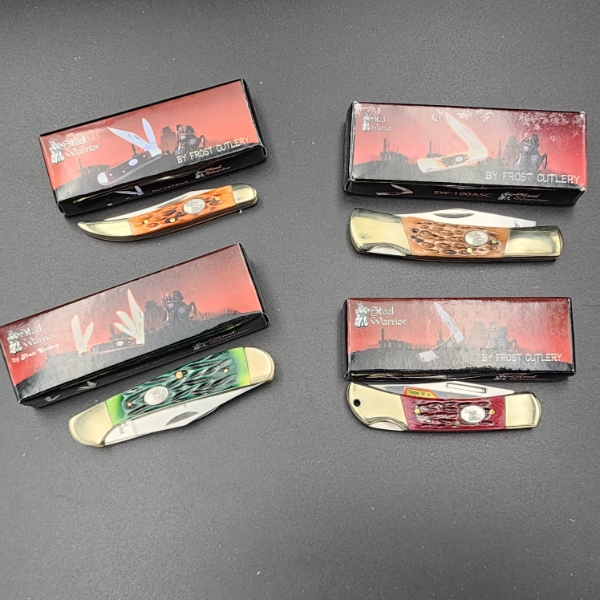 Four Assorted Frost Cutlery Steel Warrior Pocket Knives in Boxes - See Photos! 
