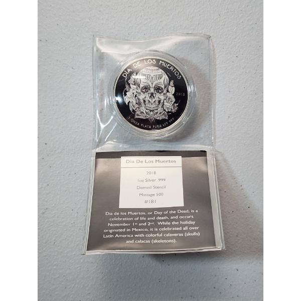 Rare 2018 "Day of the Dead" Domed Stencil 1 oz .999 Fine Silver Proof Round