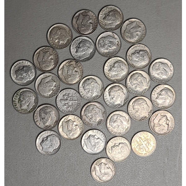 Assorted Years/Mint Marks U.S 90% Silver Roosevelt Dimes - Face Value: $3.00