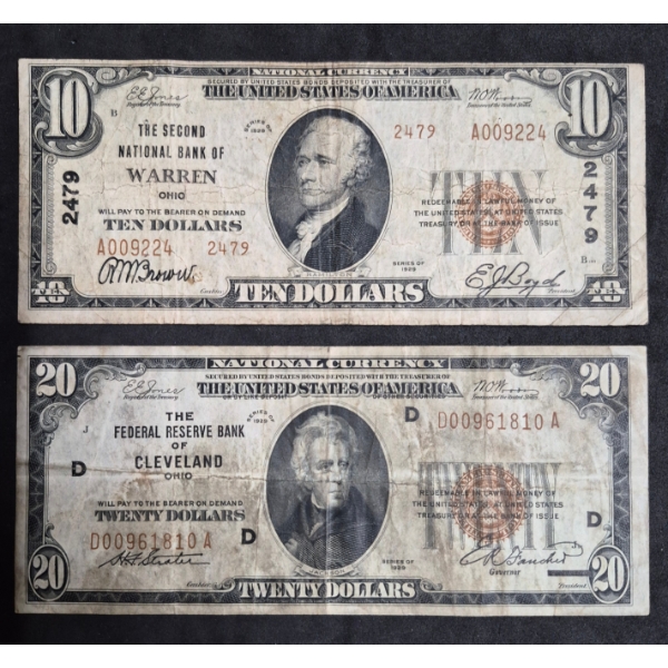 U.S. CURRENCY - RARE Tot 2 - 1929  $20 & $10 NATIONAL BANK NOTES - Cleveland & Warren, OH