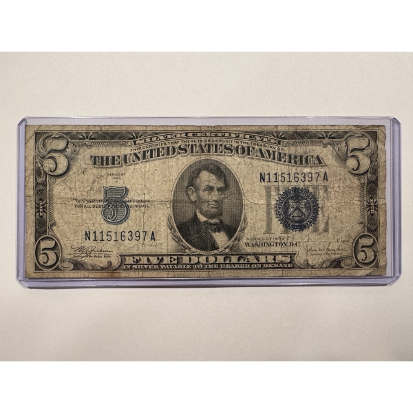 1934-C United States Lincoln $5.00 Blue Seal Silver Certificate Bill - Great Note In Holder