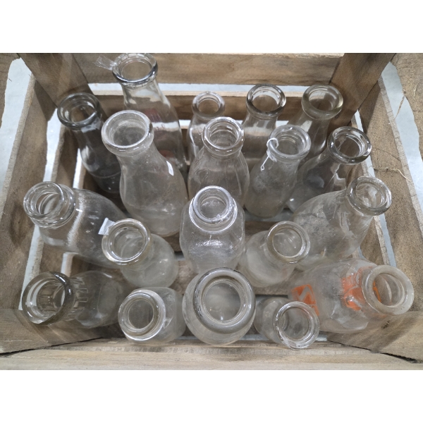 Vintage 15''x12.5'' Wood Crate With Vintage Milk Bottle Collection