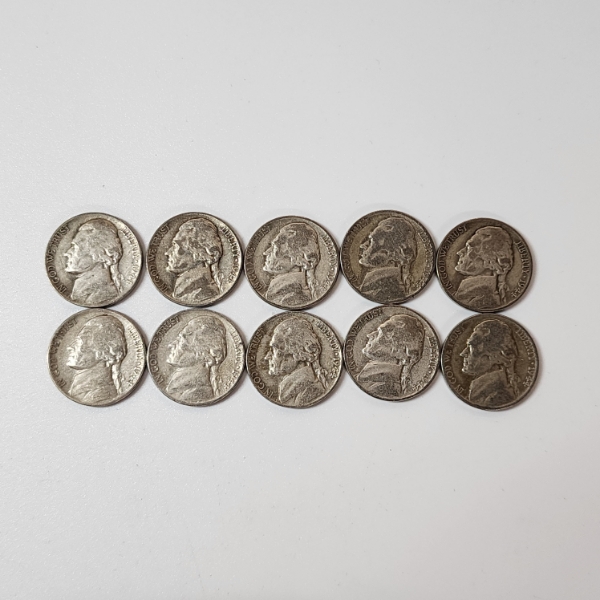 Ten Assorted United States 35% Silver Wartime Nickels