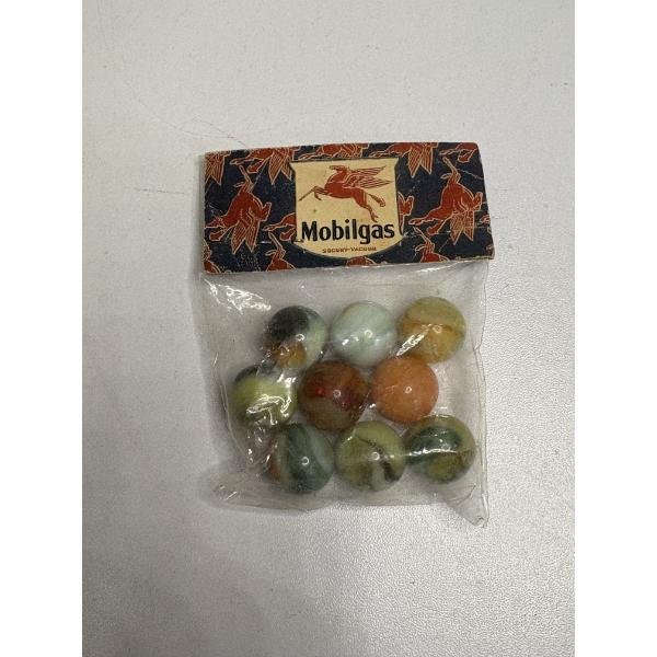 Vintage Uranium Glass Marbles in Sealed Mobilgas Socony- Vacuum Package